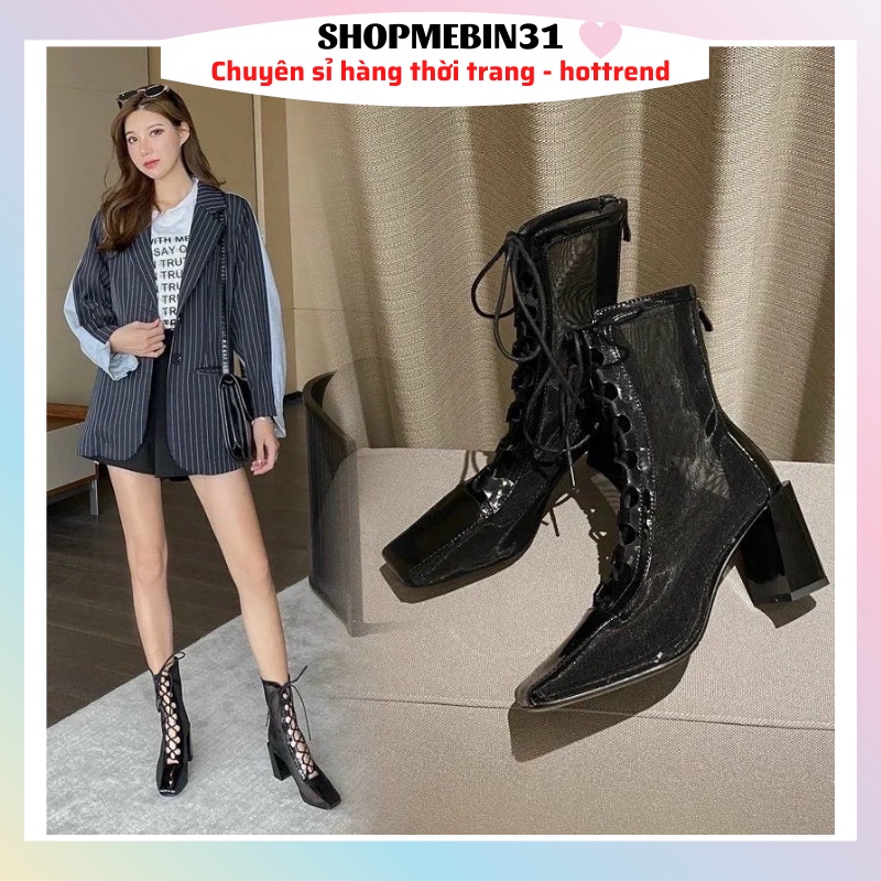 Boot Lưới Nữ Cổ Cao Bắp Chân Bốt Lửng Chất Da Pha Lưới Dây Đan - Hàng Quang CHâu Loại Đẹp Fulllbox (Ảnh thật cuối link)