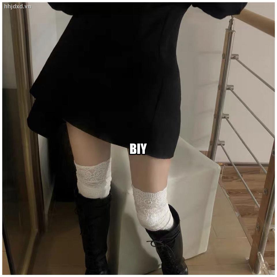 Vớ cotton dài qua đầu gối phối viền ren phong cách Nhật Bản thời trang thu đông cho nữ