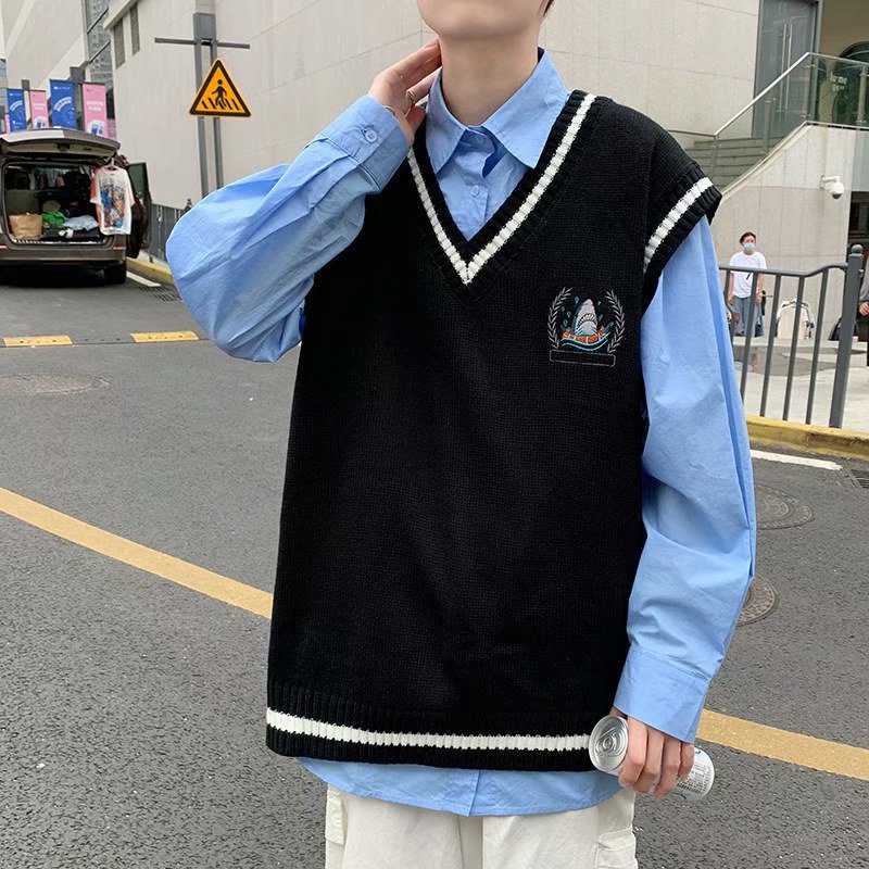 Áo Sweater Sát Nách Cổ Chữ v Dáng Rộng Thêu Họa Tiết Kiểu Hồng Kông Thời Trang Mùa Thu Cho Nam 3 Màu Size M-2XL