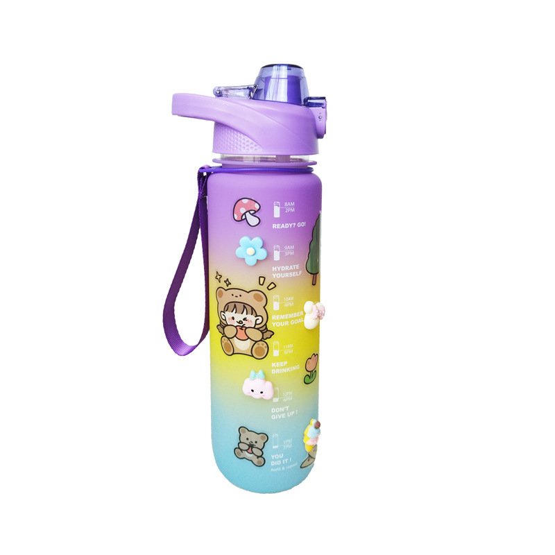 Bình Nước Cao Cấp 1000ml, bình nước cute có dây đeo và ống hút tiện lợi, bình có tặng kèm Hình Dán 3D siêu xinh