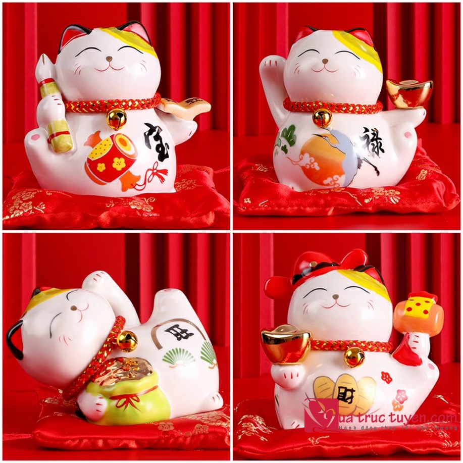 Mèo thần tài cao 11cm Kim phúc lâm môn, tượng mèo chiêu tài gốm sứ