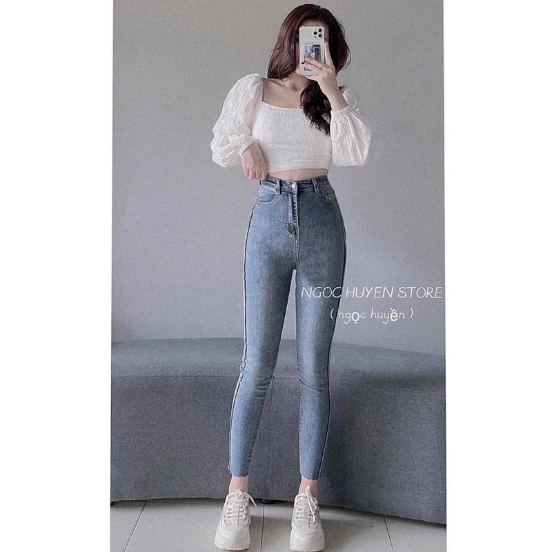 Quần jean cạp cao nữ dáng ôm thiết kế chiết ly dọc 2 bên tạo cảm giác chân dài và thẳng hơn của Hottgirl Secret QJ0002 | BigBuy360 - bigbuy360.vn