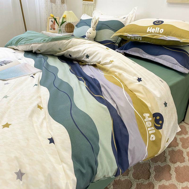 Bộ Chăn Ga Gối Cotton Poly Sóng Nước Xanh