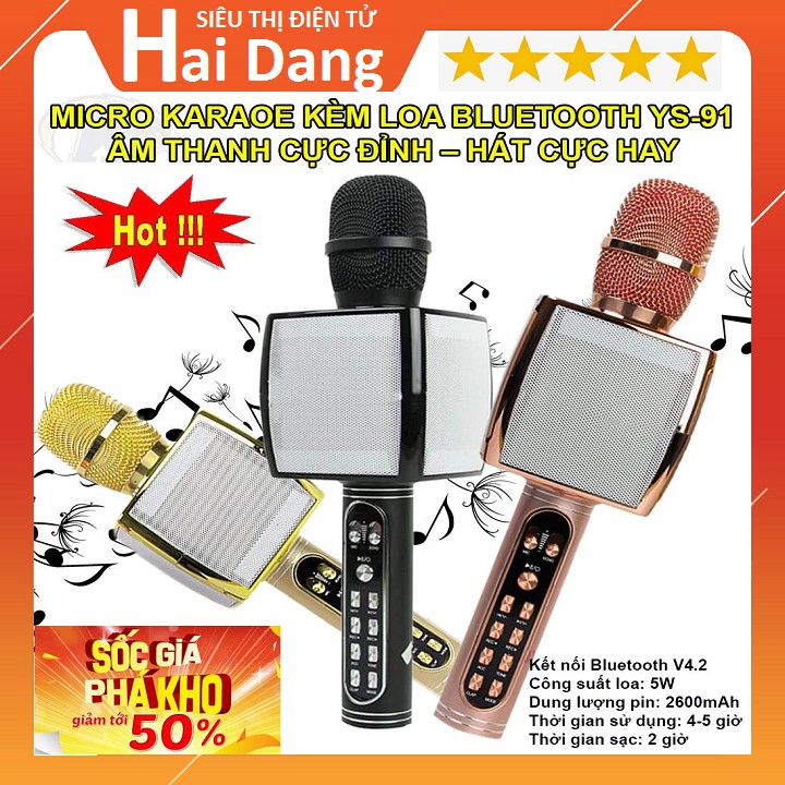 Mic Karaoke Ys 91, Micro Bluetooth 3 in 1/ Micro Bluetooth YS 91 Bass Khủng Hỗ Trợ Usb Thẻ Nhớ