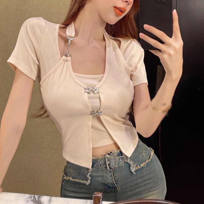 Áo Thun Tay Ngắn Cổ Tròn Giả Hai Lớp Thời Trang Dành Cho Nữ