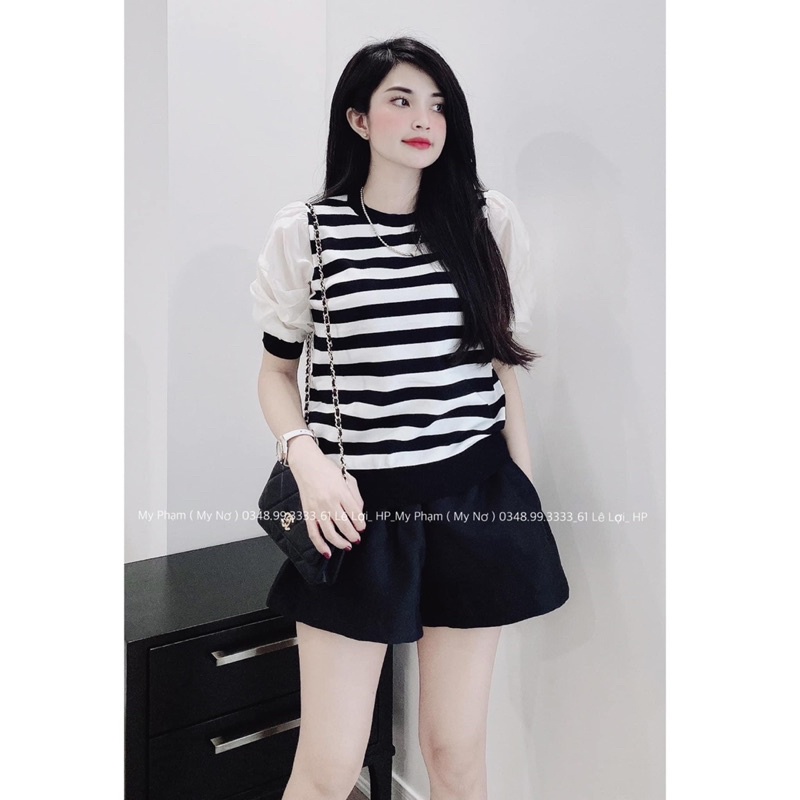 BÁN SỈ ÁO LEN CỔ TRÒN PHA TAY VOAN 2 MÀU ĐEN KẺ CHO NỮ | BigBuy360 - bigbuy360.vn