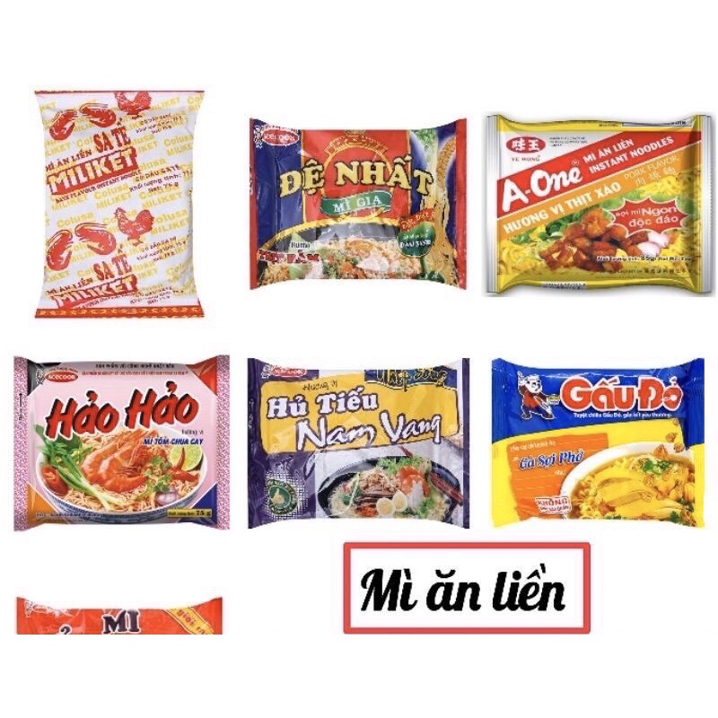 Mì gói (Hảo Hảo, mì xào Indomie, Gấu đỏ, ba miền)