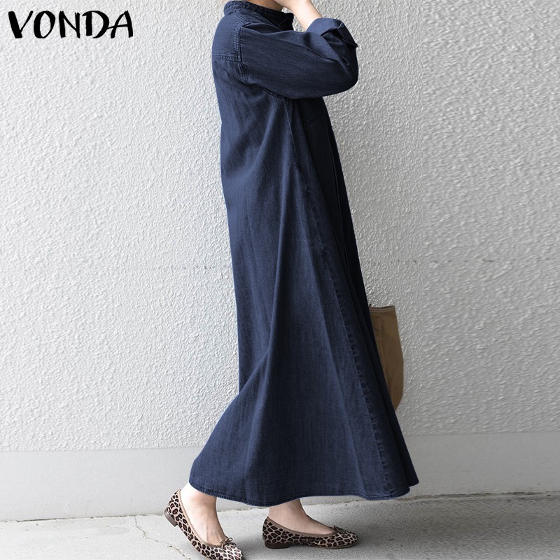 VONDA Đầm Denim Dài Tay Màu Trơn Phối Nút Thời Trang Xuân Thu Cho Nữ