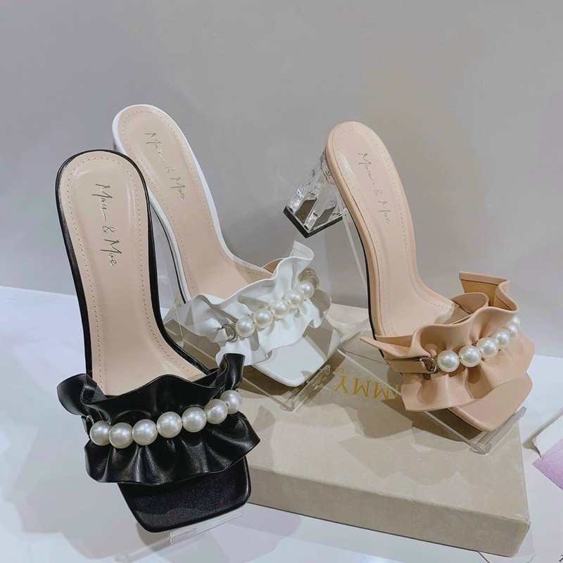 Guốc nữ 5p gót vuông trong suốt bèo nhún nhúm đính ngọc châu đi chơi đi tiệc đi du lịch HALEY STORE
