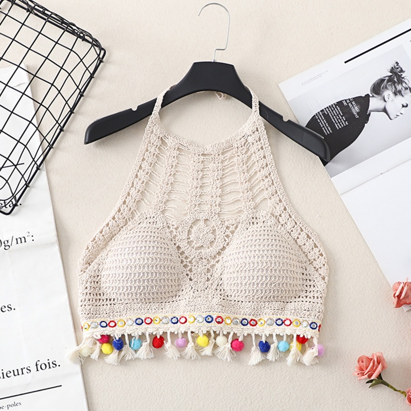 Brroa Áo Ngực Dạng Dây Tua Rua Viền Quả Cầu Vồng Họa Tiết Vòng Tròn Đan Móc Rỗng Boho Cho Nữ Sw