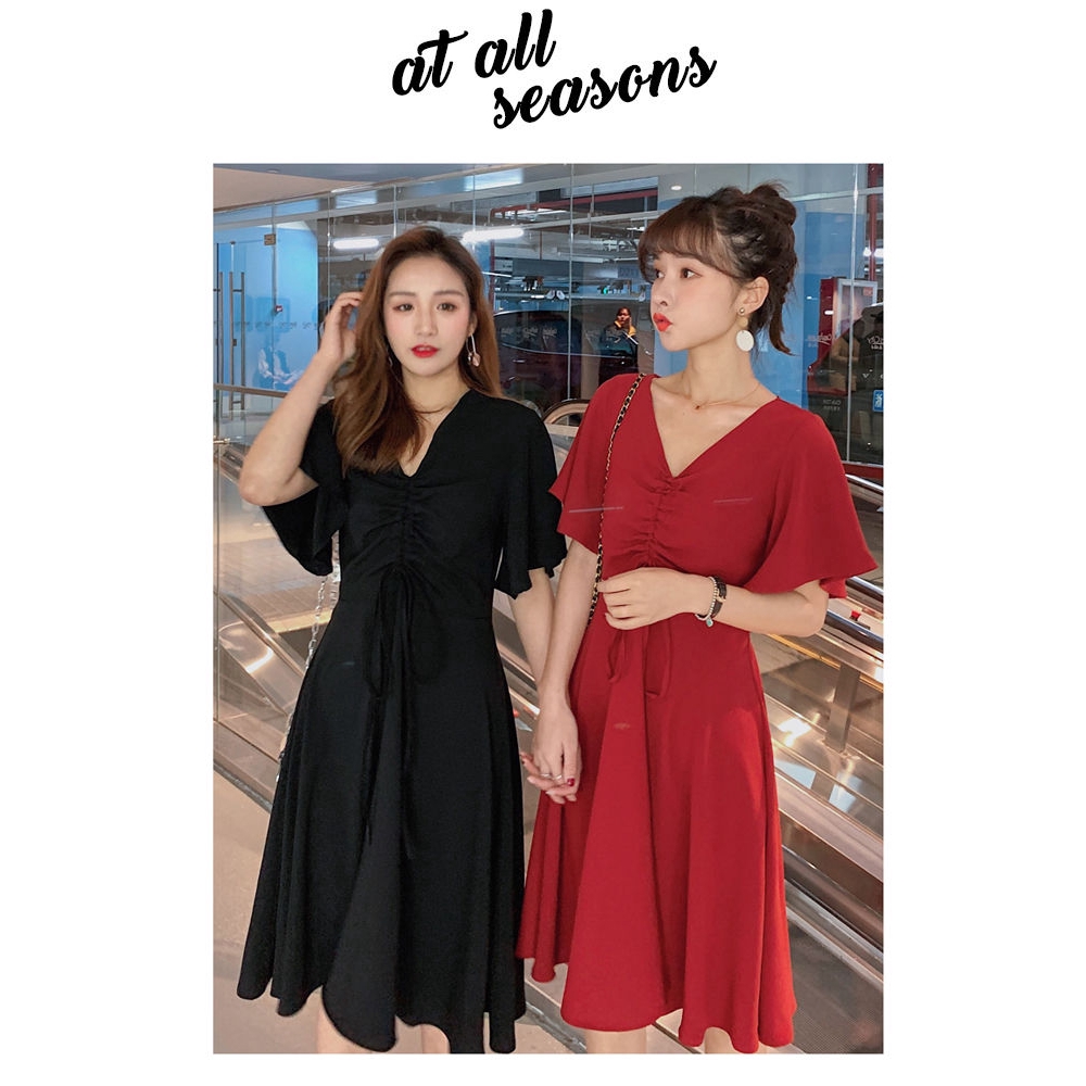 Đầm nữ dáng chữ A cổ chữ V dáng midi phong cách thời trang Hàn Quốc độc đáo