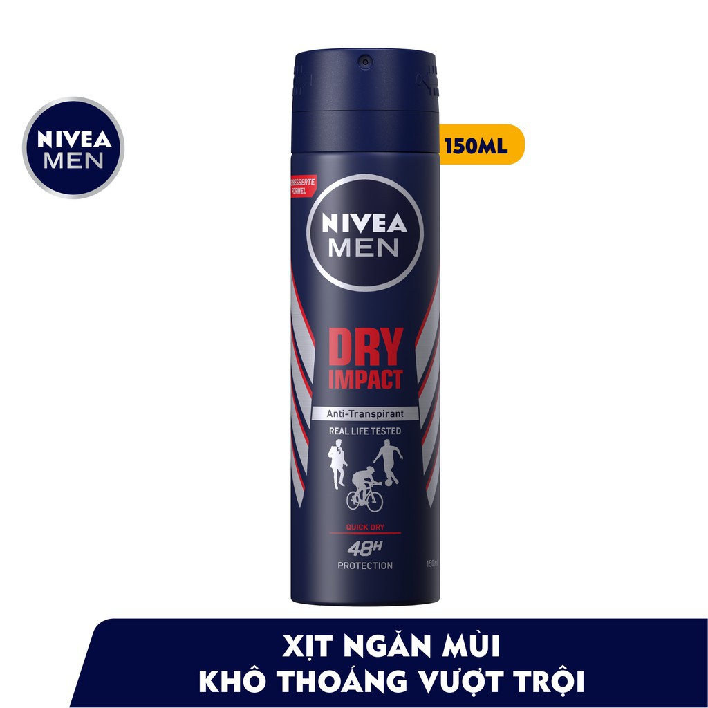 Xịt ngăn mùi NIVEA Men Dry Impact 150ml khô thoáng suốt 24h