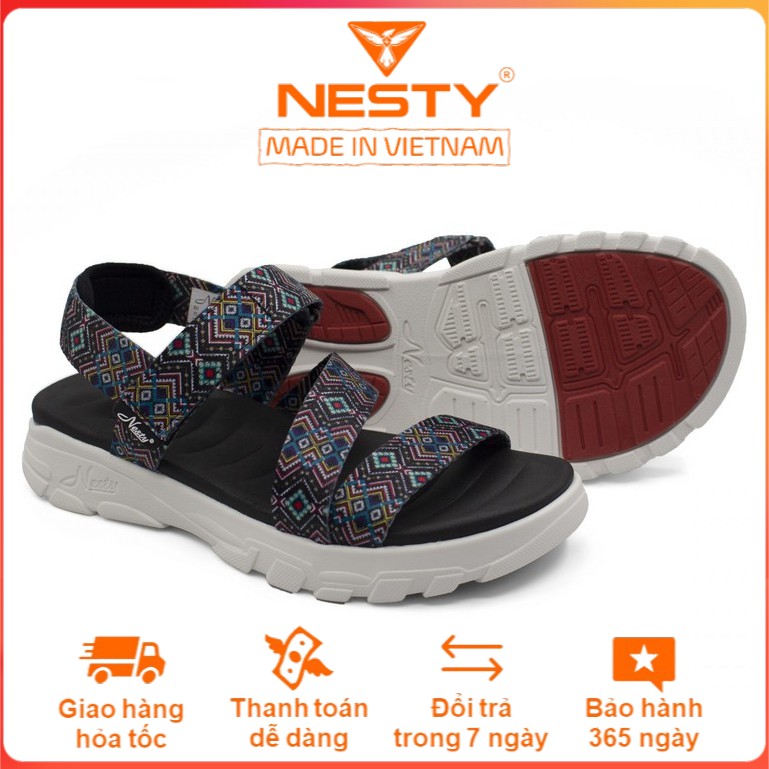 Giày sandal quai chéo nữ, xăng đan cực êm NESTY SB12-DDC đen thổ cẩm