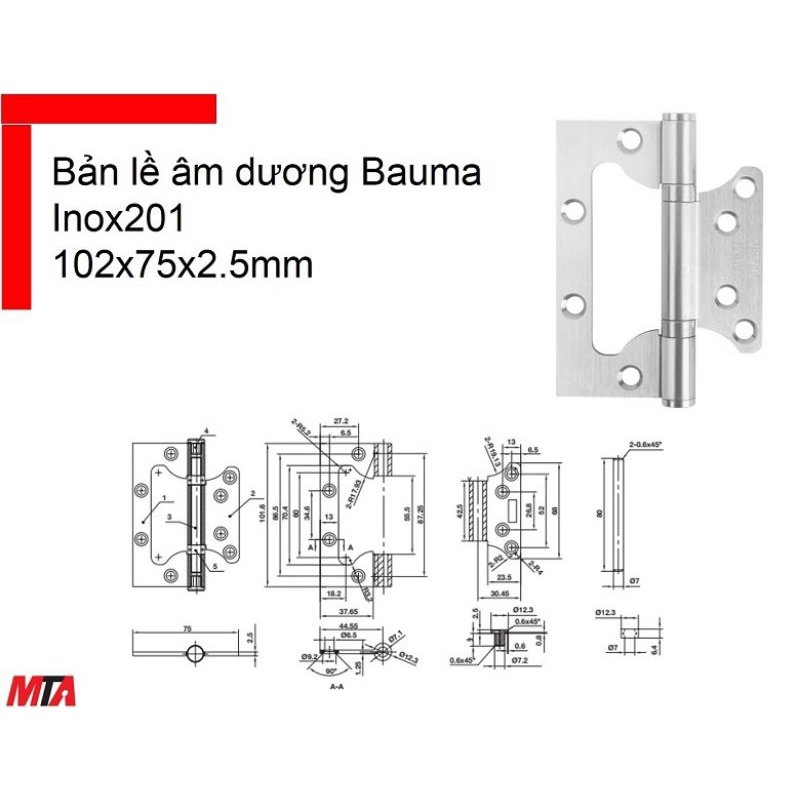 BẢN LỀ ÂM DƯƠNG BAUMA HAFELE 926.20.354 LOẠI 102X75X2.5 MM INOX 201