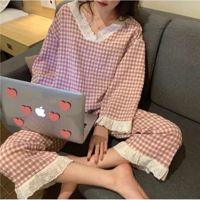 Bộ Đồ Ngủ Tay Dài Phối Ren Họa Tiết Caro Phong Cách Hàn Quốc Thời Trang Xuân Thu Cho Nữ