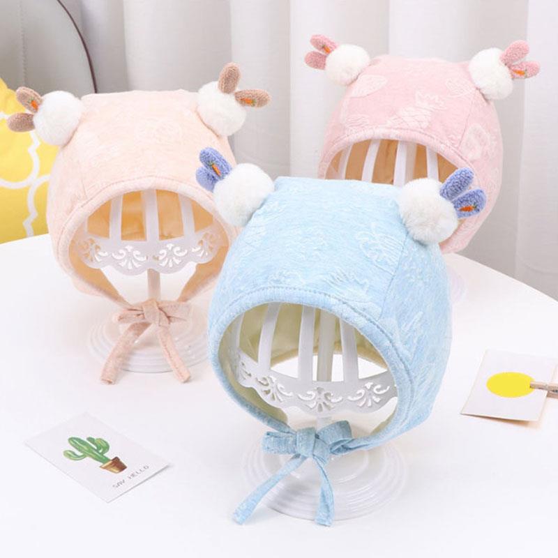 Mũ beanie mềm mại đính quả bông và tai thỏ hoạt hình dễ thương thời trang thu đông tùy chọn màu sắc dành cho bé