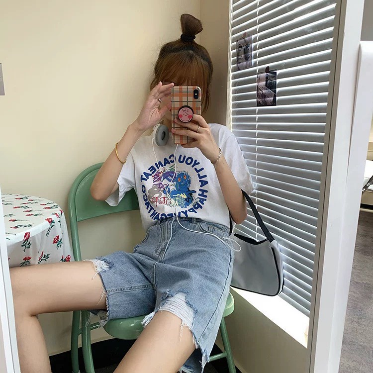 Quần đùi jeans nữ BigSize co dãn mạnh, rách ít, lưng cao, ngắn giữa đùi 3451D Moli