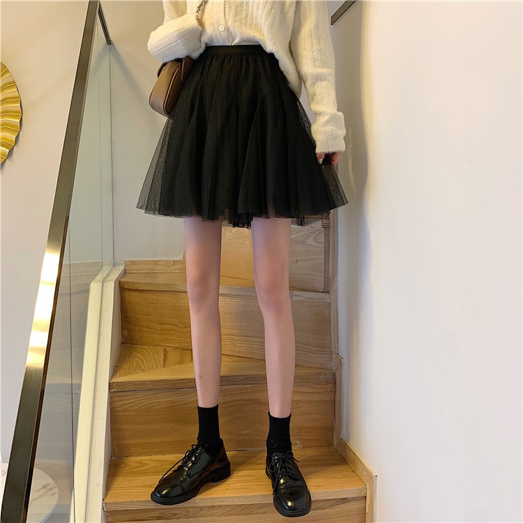 Xiaozhainv Chân Váy Chữ A Lưng Cao Màu Trơn Phối Lưới Phong Cách | BigBuy360 - bigbuy360.vn