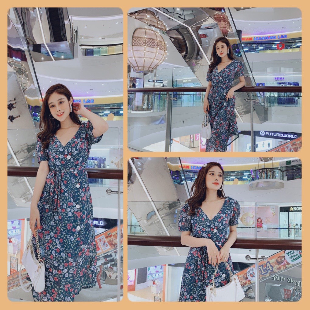 Đầm suông hoa tay con phối nút kèm dây cột so hot phù hợp đi chơi, đi dạo phố đi tiệc - Thời trang VADA (VD131)