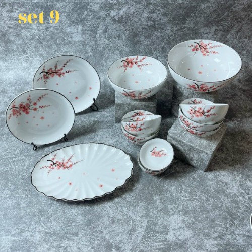 Bộ bát đĩa cao cấp bát tràng, set 15-32 sp, bộ Hoa Đào Ngày Tết - Gốm Nghệ Nhân