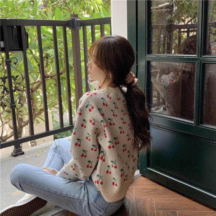 Áo khoác cardigan dệt kim dáng rộng họa tiết quả cherry phong cách hàn quốc thời trang cho nữ