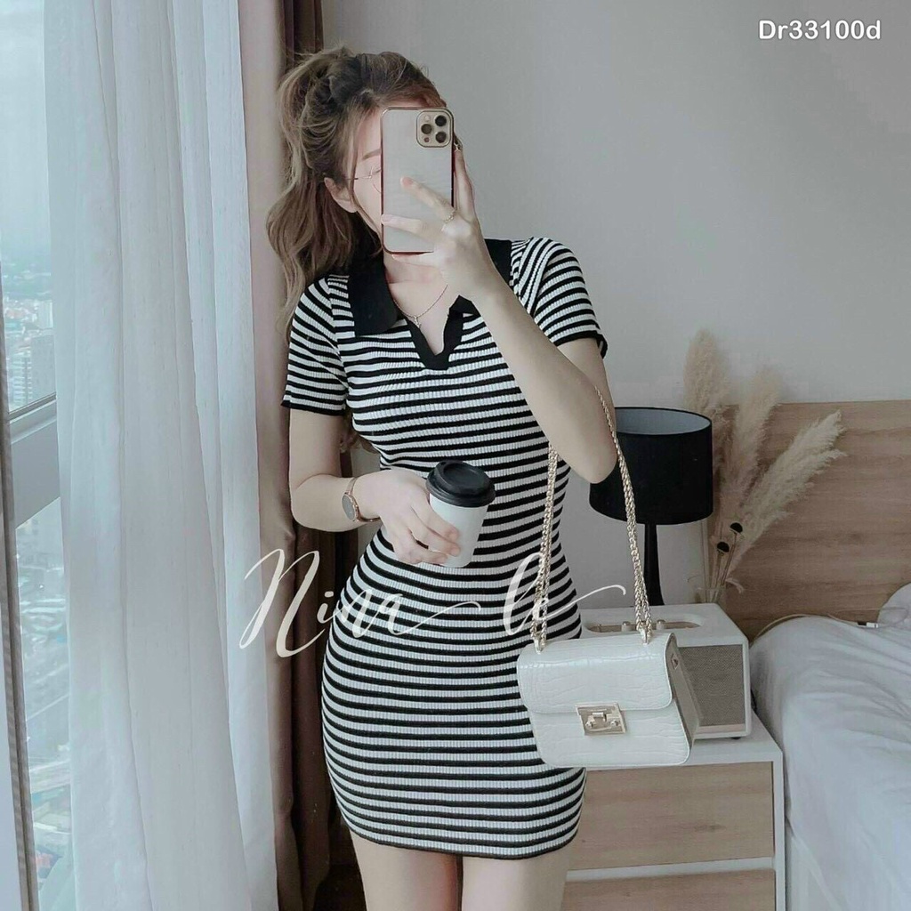 Đầm body sọc ngang ngắn tay cổ bẻ, váy kẻ sọc polo dáng ngắn chất thun gân co dãn