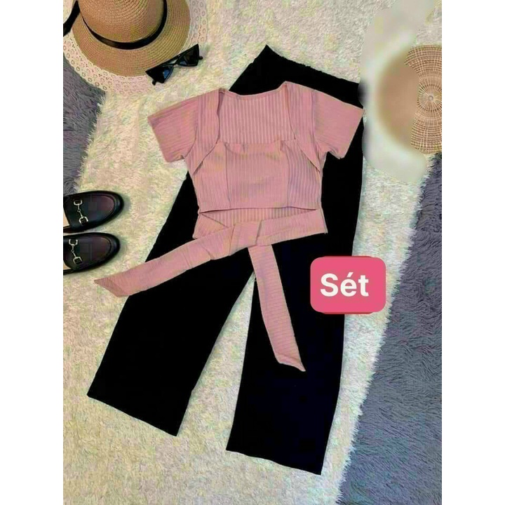 Sét bộ áo croptop cổ vuông có mút cột dây eo phối quần ống rộng hot hit