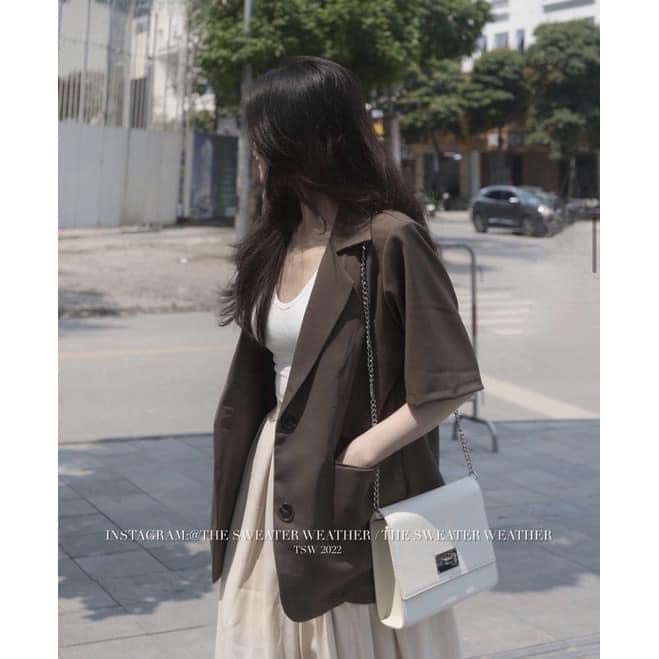[ẢNH THẬT]Áo blazer đệm vai dài tay 2 màu đen trắng  sang chảnh trơn- dáng suông rộng trượt vạt bầu dáng rộng- áo khoá