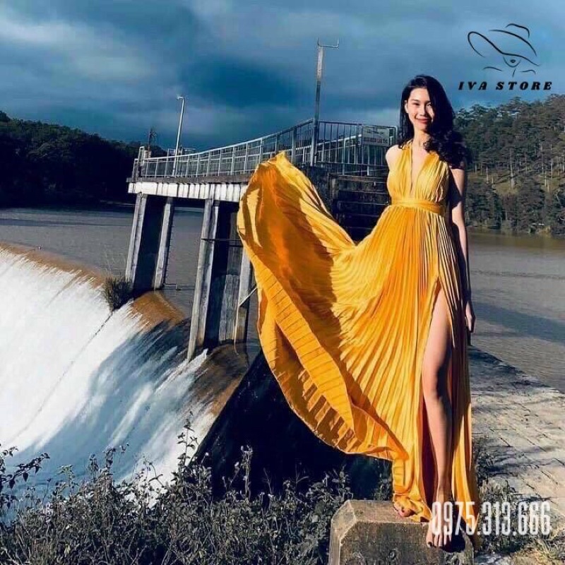 Đầm Maxi Đi Biển, Váy Maxi Dập Ly V688, Chất Thun Lụa Mềm, Co Dãn, Mầu Đỏ, Xanh, Vàng Cho Dáng Dài Miên Man