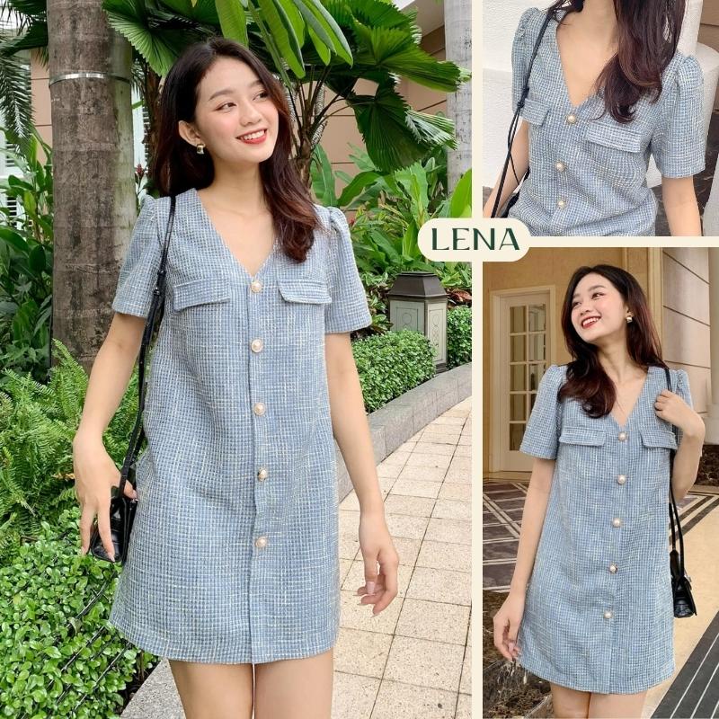 Đầm dự tiệc dáng suông cổ V tay búp cao cấp - Váy dự tiệc LENA dáng suông trẻ trung sang trọng GM2104