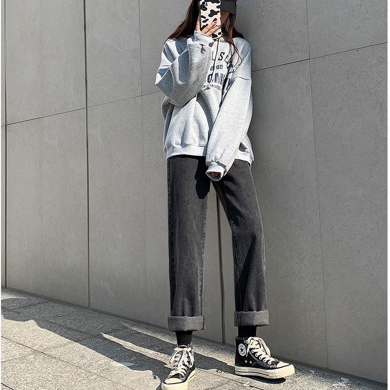 SUXI Quần Jean Dài Lưng Cao Ống Rộng Dáng Suông Kiểu Hàn Quốc Thời Trang Mùa Thu Cho Nữ