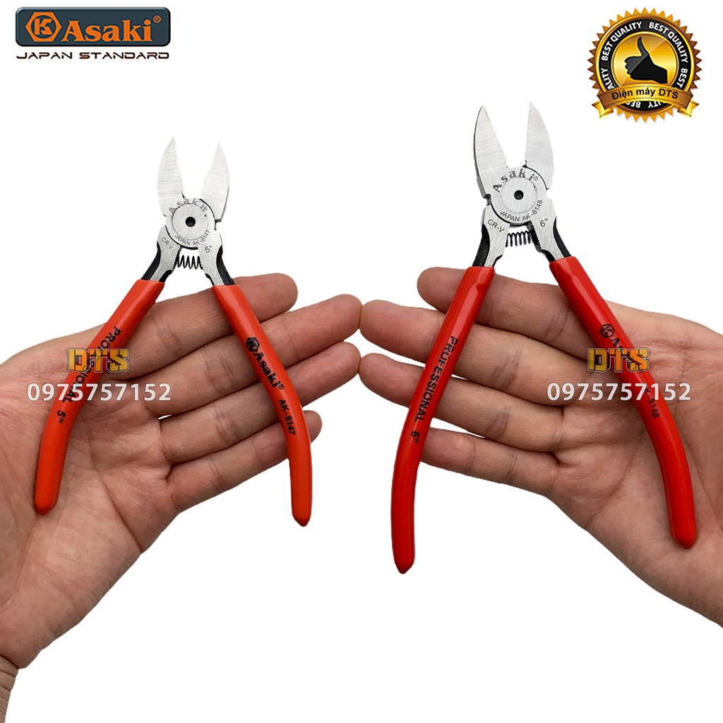 Kìm cắt vát kỹ thuật Asaki JAPAN 6 inch 5 inch, kềm cắt dây điện, cắt nhựa bavia, lưỡi cắt nhọn vát mỏng, sắc bén