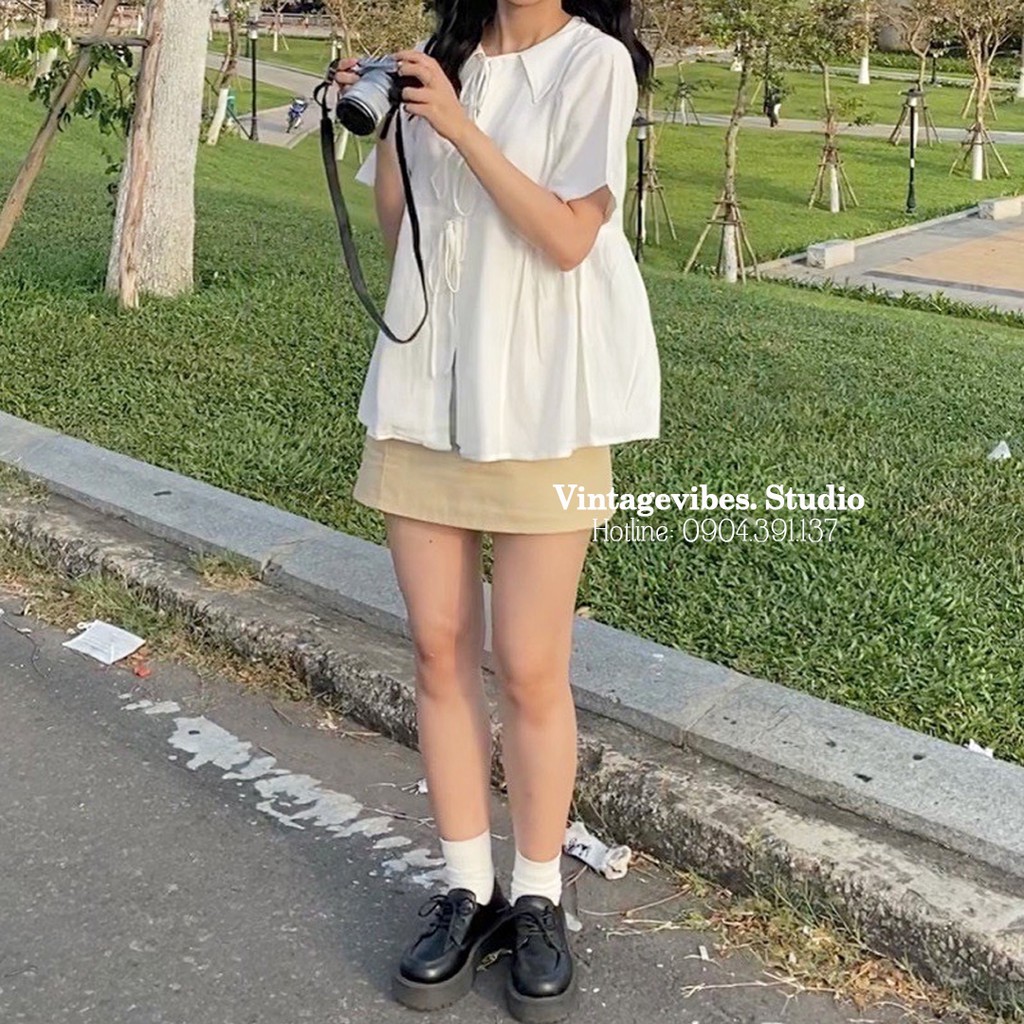 Áo babydoll cổ 3 nơ tiểu thư kèm chân váy Ulzzang (hàng QCCC) - Ảnh thật + Video thật