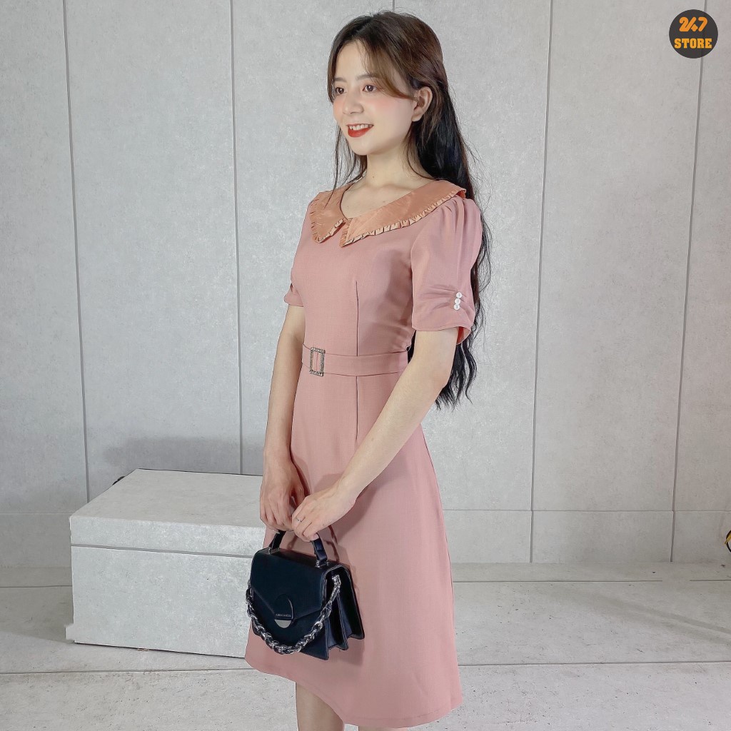 Váy xòe dáng dài cộc tay phối cổ bèo