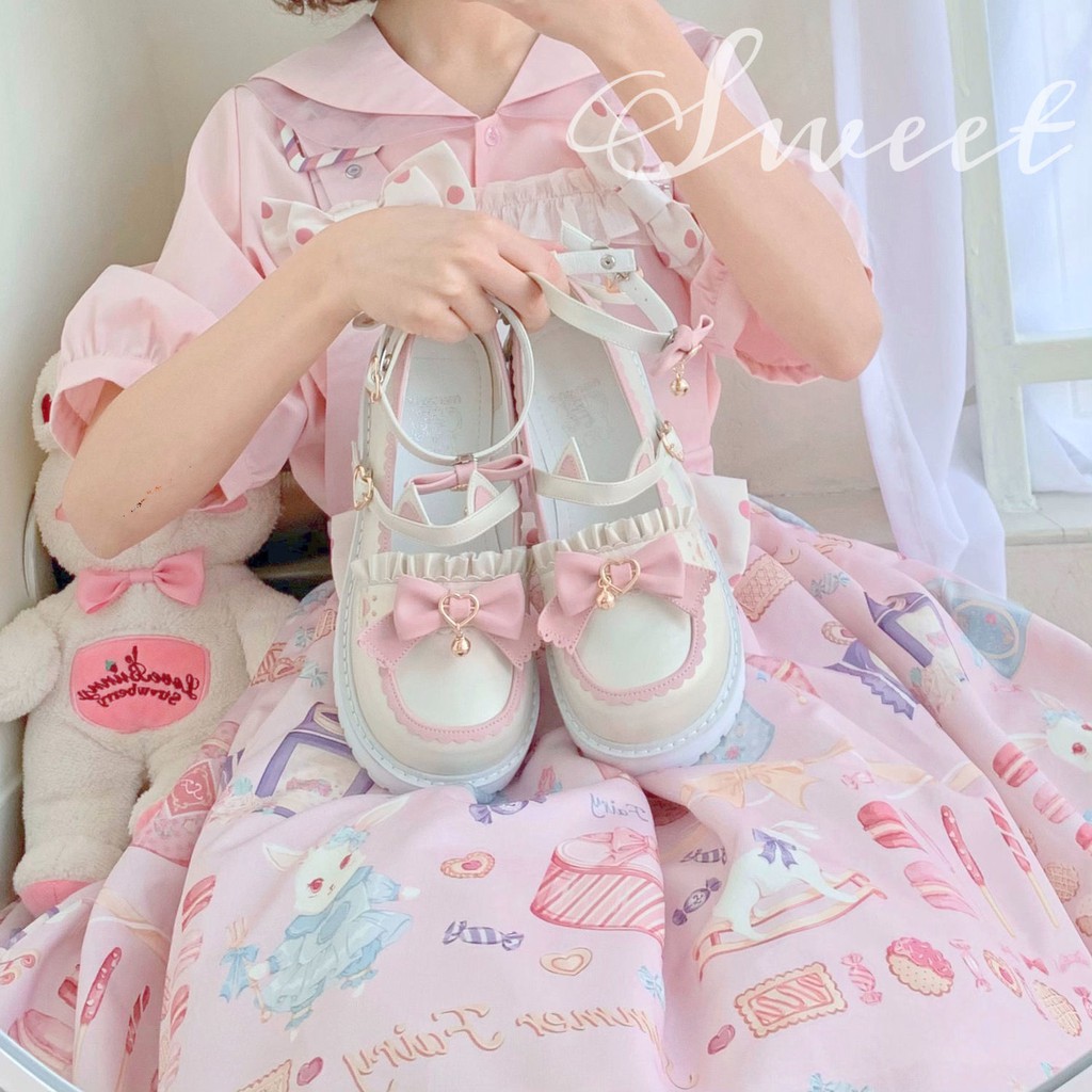 Giày búp bê mềm mũi tròn đính nơ phong cách lolita Nhật Bản