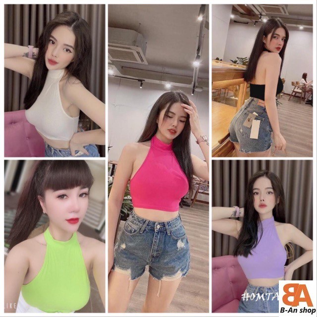 Áo kiểu yếm trễ vai gài cúc cổ croptop body chất vải thun gân len 4 chiều FreeSize, phối sọc hở tay