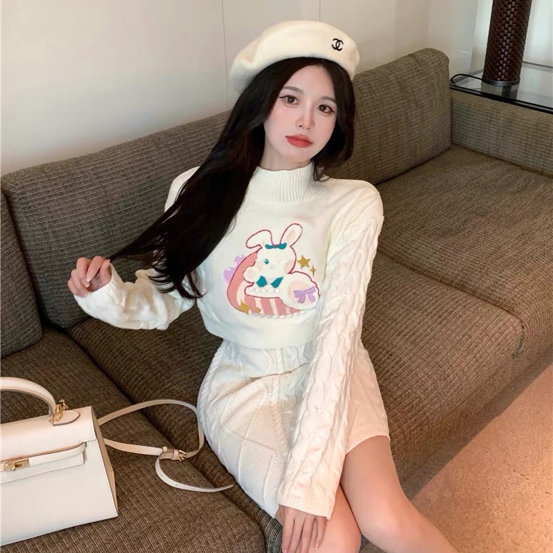 Set áo croptop dài tay+váy len hình thỏ bunny đáng iu xinh xắn phong cách ulzzang Hàn Quốc SAM SAM BOUTIQUE