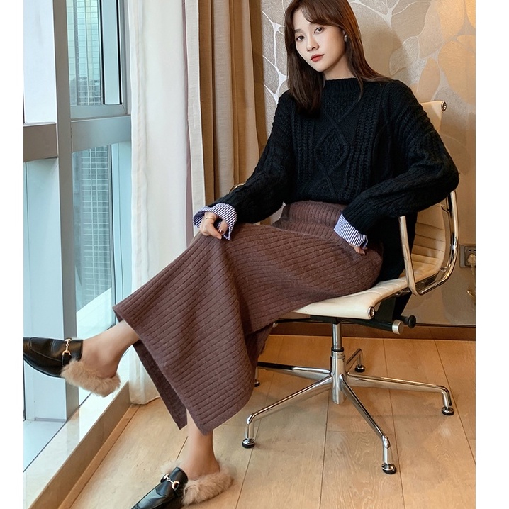 Chân váy len gân dáng dài xẻ vạt/ xẻ tà kiểu bút chì ôm dáng co giãn, chân váy len tăm dày dặn dài qua gối dáng body