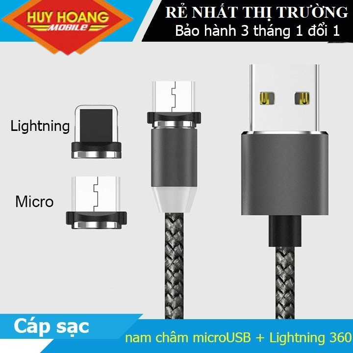 Cáp sạc từ hút nam châm đầu Iphone- micro USB - Type C xoay 360 độ dây dù,có LED có bán lẻ từng chi tiết