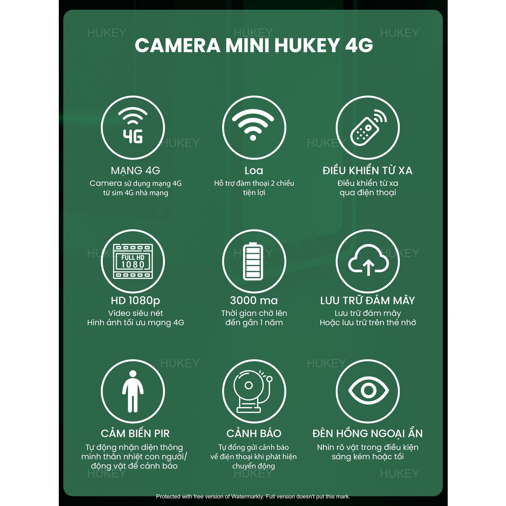 Camera quan sát Hukey Vision 4G, gắn sim 4G siêu nét FullHD 1080P quan sát từ xa qua điện thoại, cảm biến nhiệt