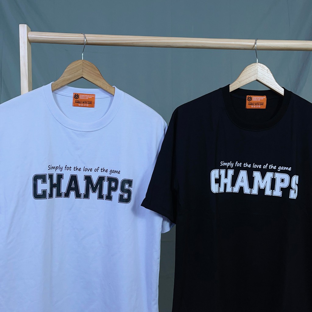 Áo Thun Nam Nữ HY KOREA Phom Rộng Tay Lỡ In Hình CHAMPS, Vải Cotton 75% Dày Mềm Mịn Đẹp.