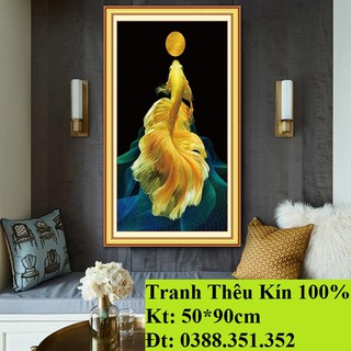 Tranh thêu chữ thập cá koi THÊU KÍN 50*90cm