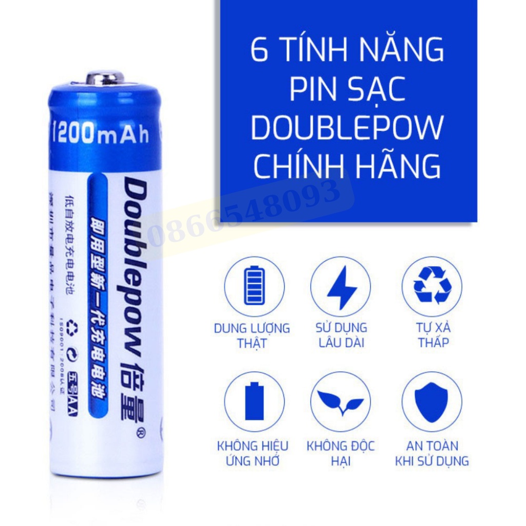 Hộp 4 viên pin tiểu sạc AA1200 chính hãng Doublepow dung lượng thực