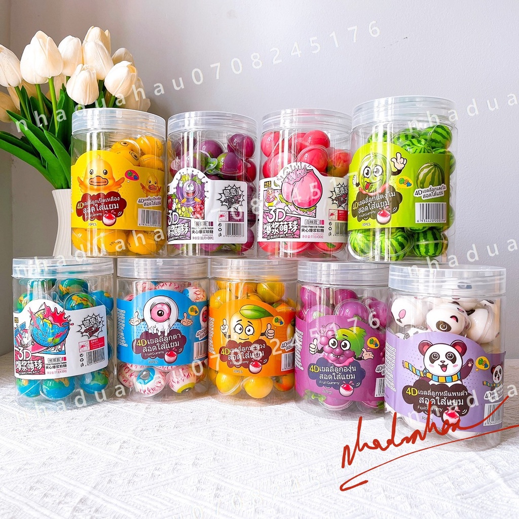 Hủ 30 viên kẹo dẻo CÓ NHÂN SIRO hình mắt/ trái đất/ vịt/ hấu/ người nhện/ trái banh/ viên 10g