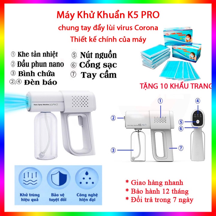 Máy Xịt Khử Khuẩn Cầm Tay,Phun Khử Trùng,Súng Khử Khuẩn công nghệ Nano Tia UV cao cấp,Máy K5 Pro,Tặng kèm dây sạc Type C