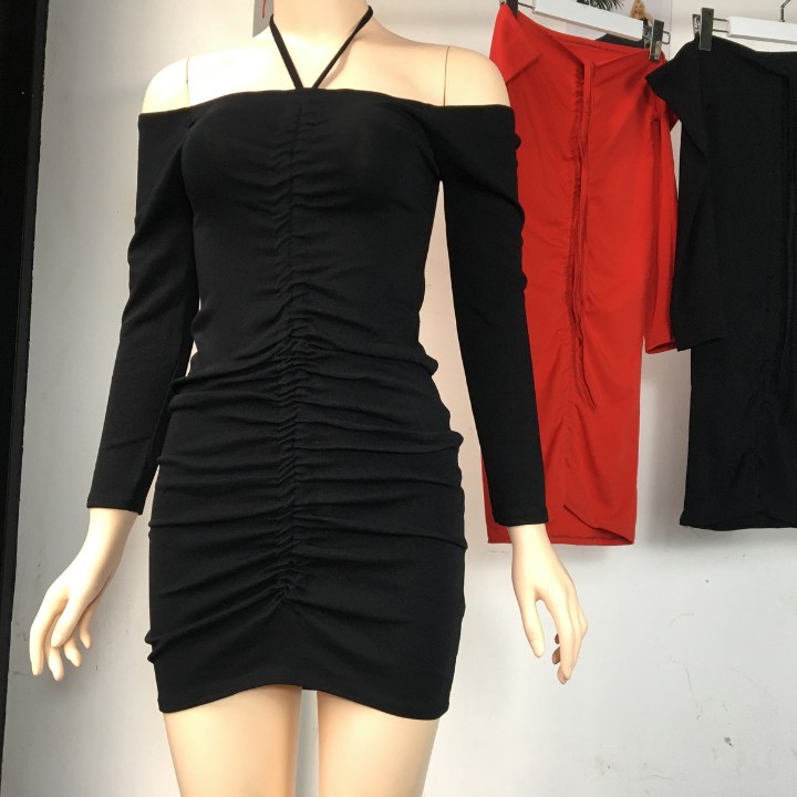 Đầm body thun borip rút dây thắt nơ cổ