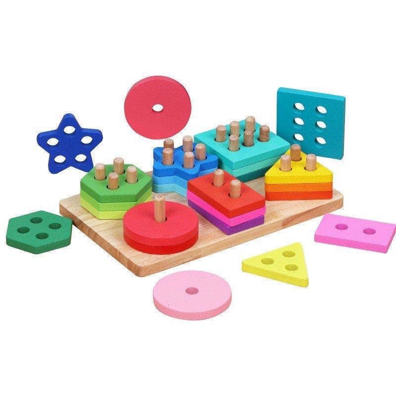 Đồ Chơi Gỗ Montessori Bộ Thả Cọc 6 Hình Khối Màu Sắc Cho Bé Phát Triển Trí Tuệ