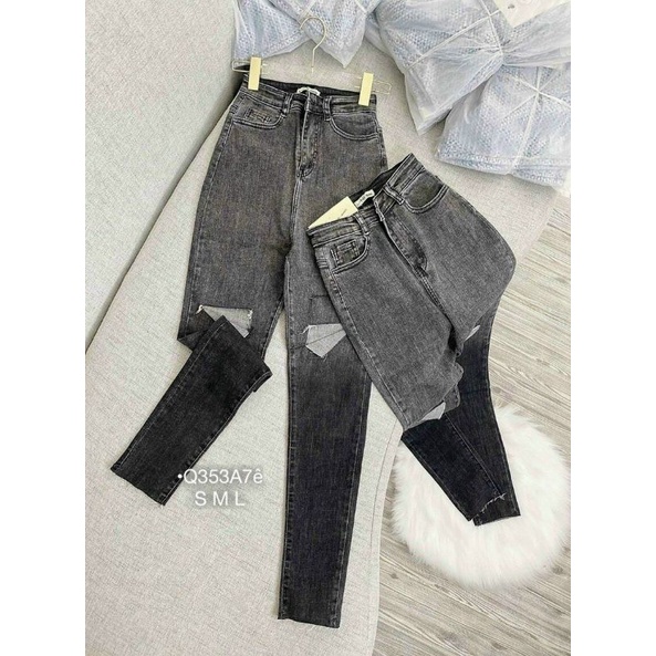 Quần jeans nữ Bebedoll màu đen tro loang lưng cao rách cắt đùi, quần bò rách cạp cao skinny tôn dáng mã đen tro rách