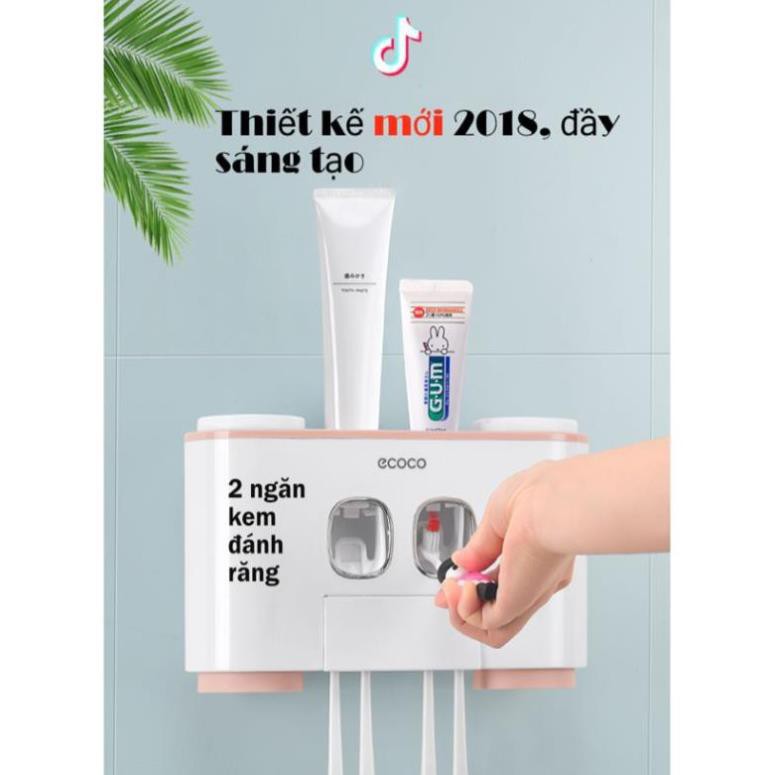 ⚜️𝙁𝙍𝙀𝙀𝙎𝙃𝙄𝙋⚜️ Bộ dụng cụ nhả kem đánh răng tự động 4 cốc kèm giá treo bàn chải Ecoco - Đồ gia dụng