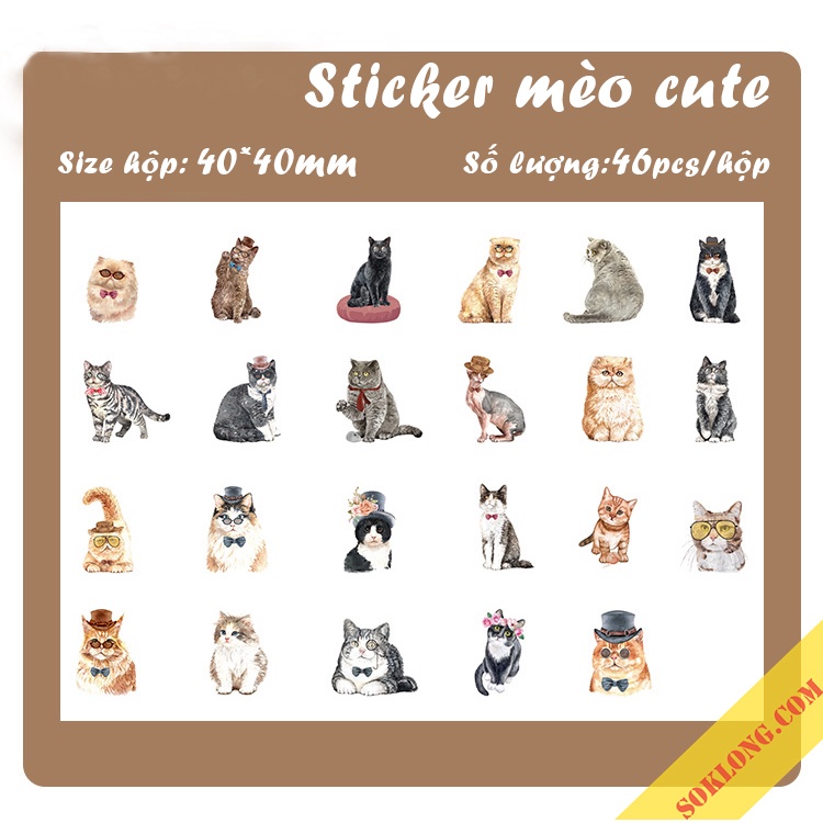 Sticker cute hình mèo hộp 46 sticker hoạt hình Mèo STI62 phong cách Châu Âu dễ thương